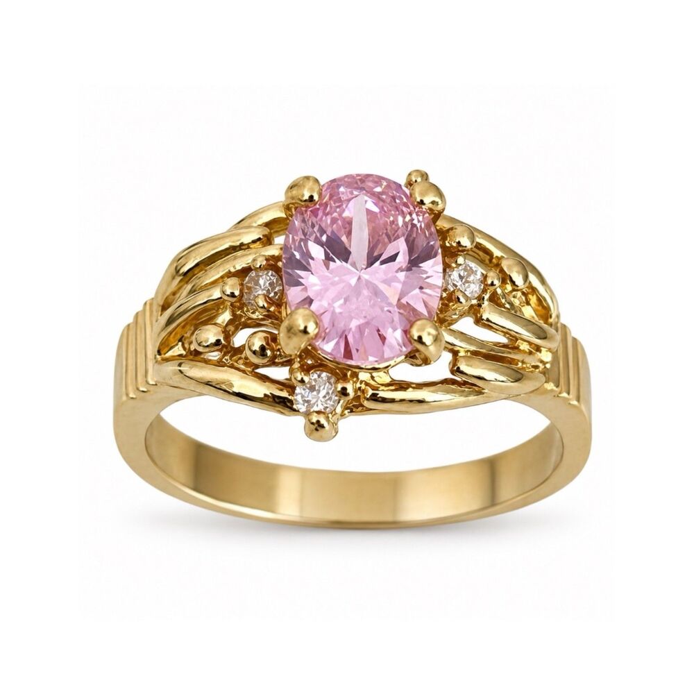 Vintage 1970s Ring Size 5 Pink CZ Cocktail Gold Plated Band - 14V